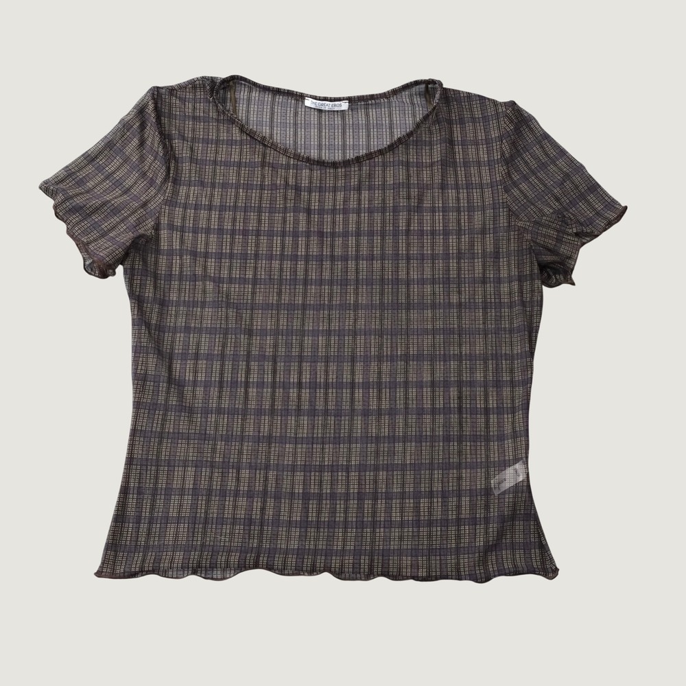 The Great Eros Mesh Top M Brown Plaid Sheer Lettuce Edge Made in Italy